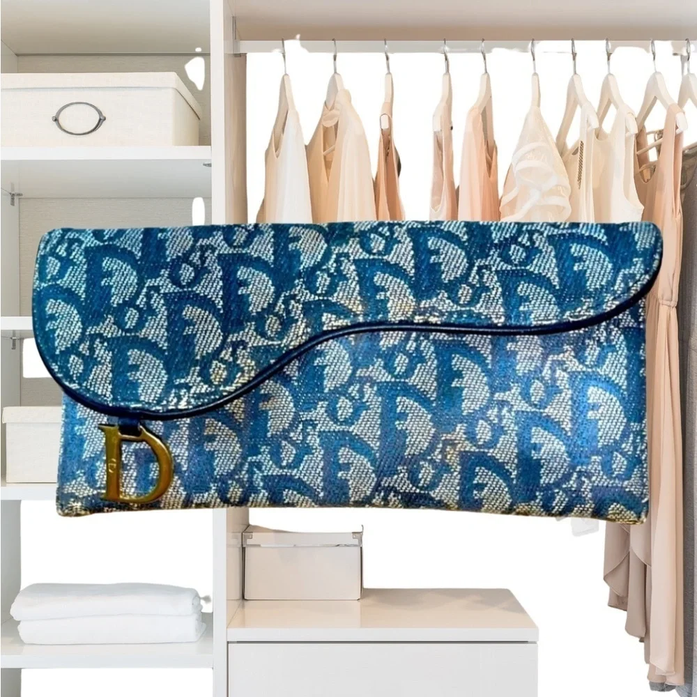 Dior Paris Vintage Diorissimo Saddle Flap NavyBlue Denim Oblique Jacquard wallet